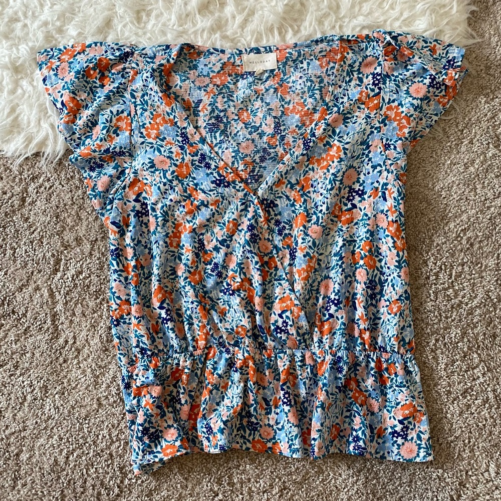 2/$10 Melloday Floral Smocked Hem Short Sleeve Blouse